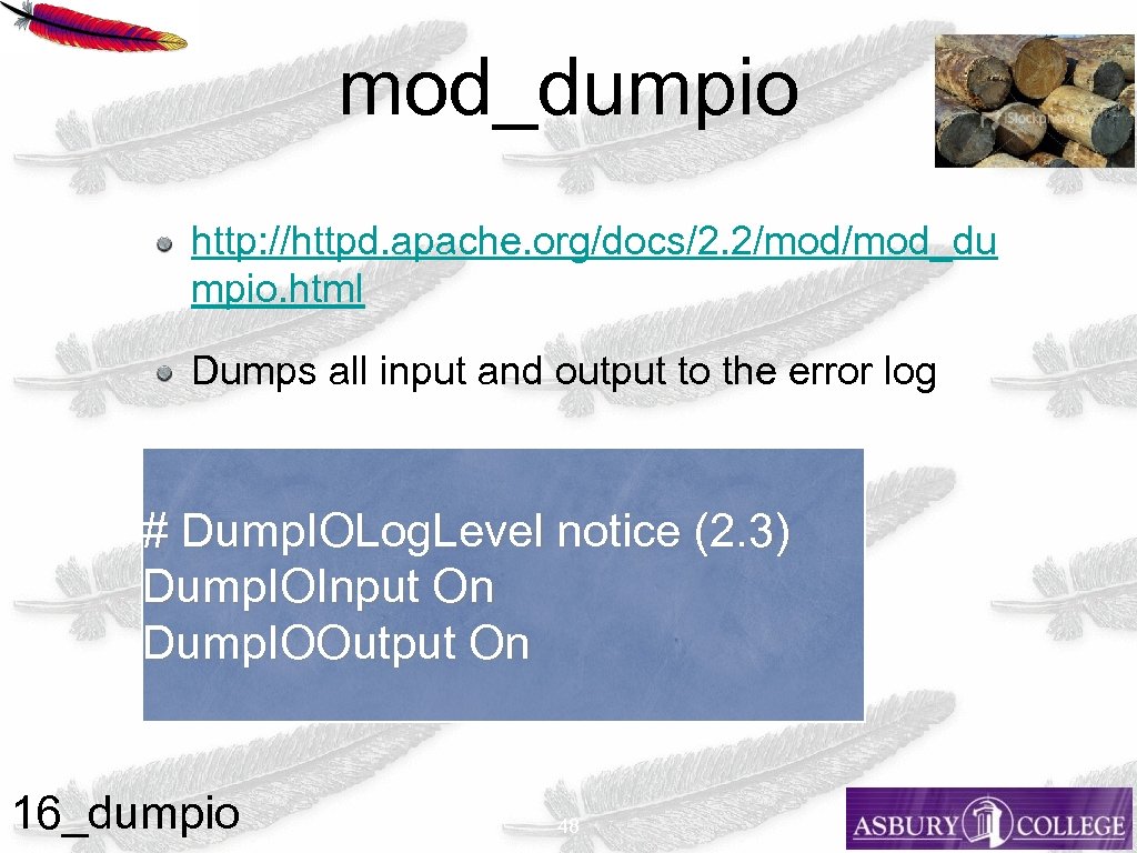 mod_dumpio http: //httpd. apache. org/docs/2. 2/mod_du mpio. html Dumps all input and output to
