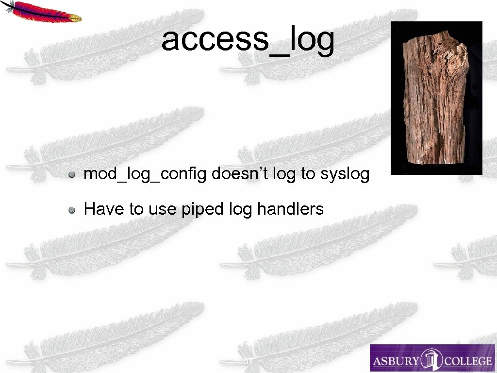 access_log mod_log_config doesn’t log to syslog Have to use piped log handlers 57 