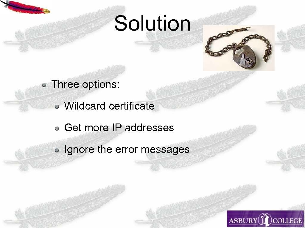 Solution Three options: Wildcard certificate Get more IP addresses Ignore the error messages 7