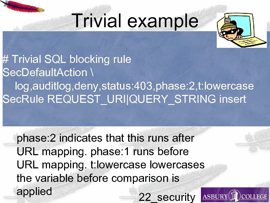 Trivial example # Trivial SQL blocking rule Sec. Default. Action  log, auditlog, deny,