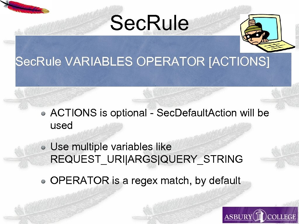 Sec. Rule VARIABLES OPERATOR [ACTIONS] ACTIONS is optional - Sec. Default. Action will be
