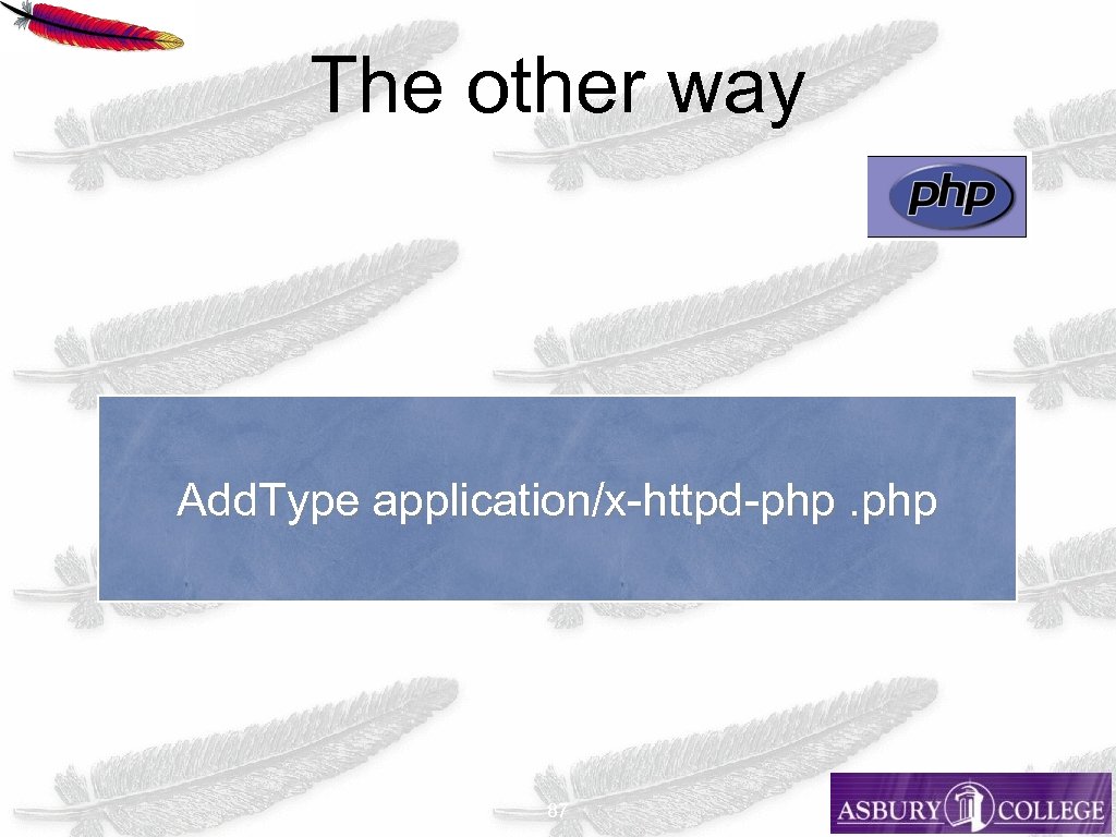 The other way Add. Type application/x-httpd-php. php 87 