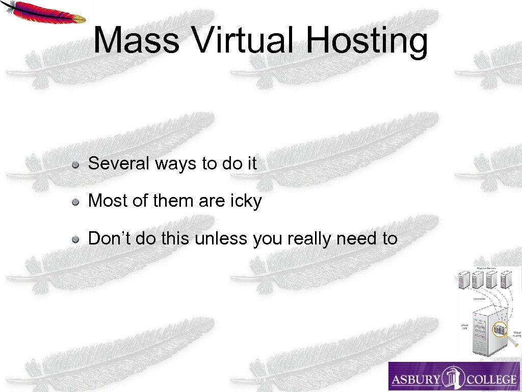 Mass Virtual Hosting Several ways to do it Most of them are icky Don’t