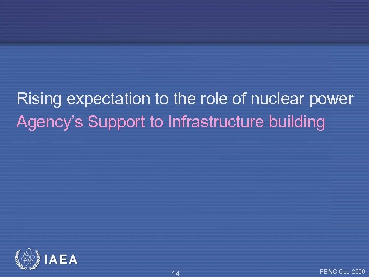 Rising expectation to the role of nuclear power Agency’s Support to Infrastructure building 14