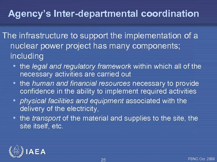 Agency’s Inter-departmental coordination The infrastructure to support the implementation of a nuclear power project