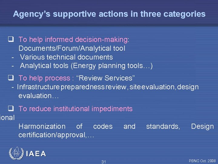 Agency’s supportive actions in three categories q To help informed decision-making: Documents/Forum/Analytical tool -