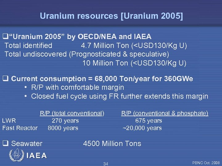 Uranium resources [Uranium 2005] q“Uranium 2005” by OECD/NEA and IAEA Total identified 4. 7