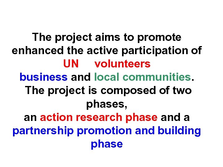 The project aims to promote enhanced the active participation of UN volunteers business and