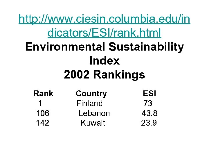 http: //www. ciesin. columbia. edu/in dicators/ESI/rank. html Environmental Sustainability Index 2002 Rankings Rank Country