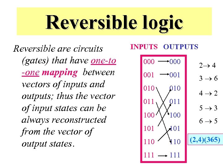 Reversible logic Reversible are circuits (gates) that have one-to -one mapping between vectors of