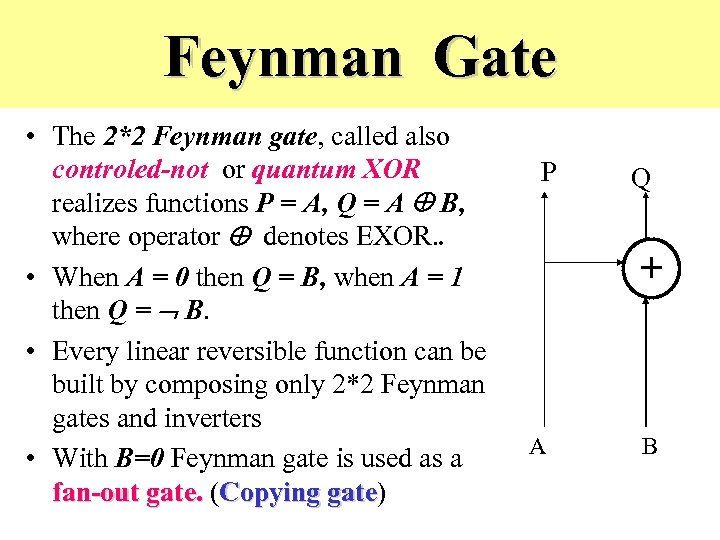 Feynman Gate • The 2*2 Feynman gate, called also controled-not or quantum XOR realizes