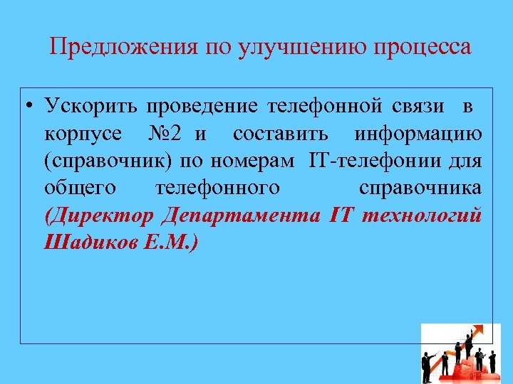 Предложения по улучшению процесса • Ускорить проведение телефонной связи в корпусе № 2 и
