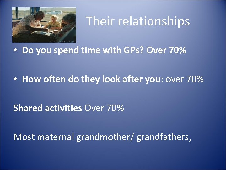 Their relationships • Do you spend time with GPs? Over 70% • How often