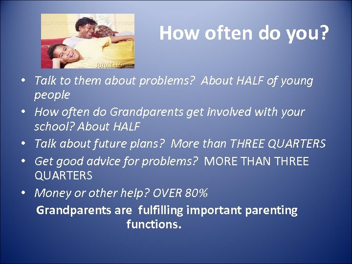 How often do you? • Talk to them about problems? About HALF of young