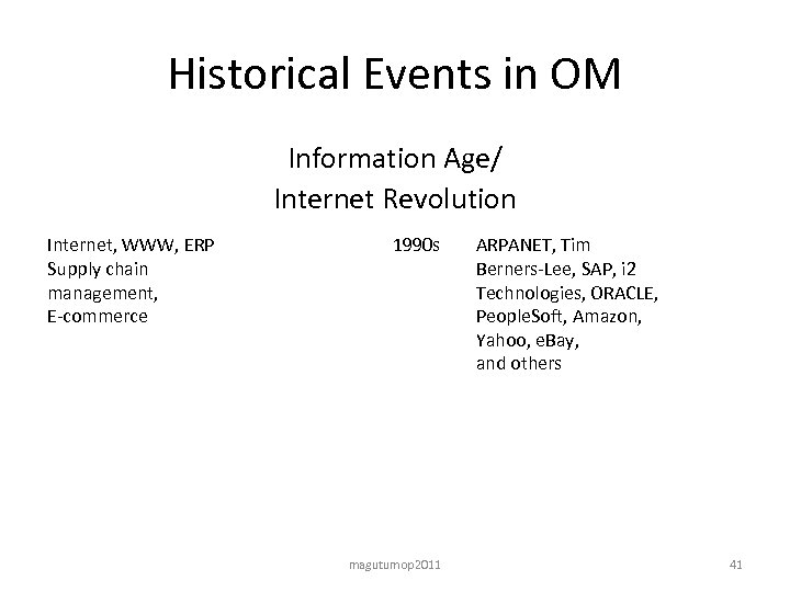 Historical Events in OM Information Age/ Internet Revolution Internet, WWW, ERP Supply chain management,