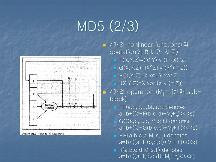 MD 5 (2/3) n 4개의 nonlinear functions(각 operation에 하나가 사용) n n n F(X,