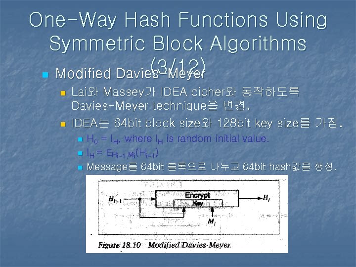 One-Way Hash Functions Using Symmetric Block Algorithms (3/12) n Modified Davies-Meyer n n Lai와