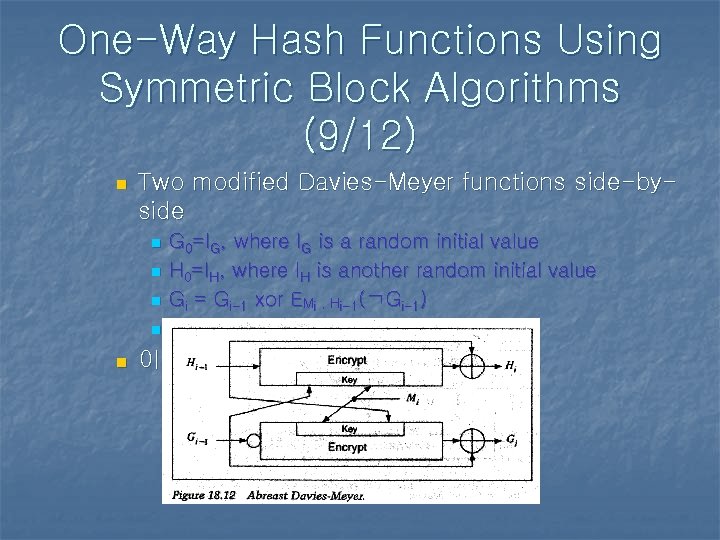 One-Way Hash Functions Using Symmetric Block Algorithms (9/12) n Two modified Davies-Meyer functions side-byside
