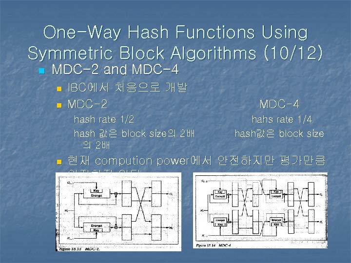 One-Way Hash Functions Using Symmetric Block Algorithms (10/12) n MDC-2 and MDC-4 n n