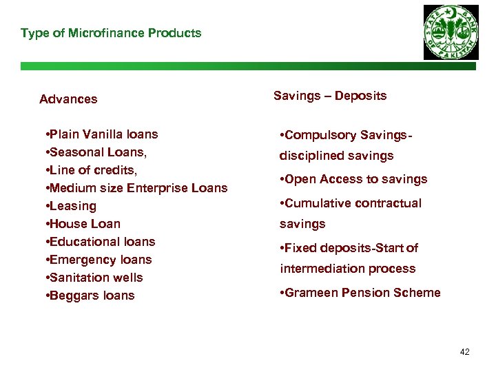 Type of Microfinance Products Advances • Plain Vanilla loans • Seasonal Loans, • Line