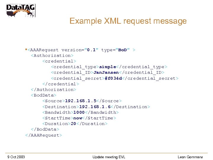Example XML request message §<AAARequest version="0. 1" type="Bo. D" > <Authorization> <credential> <credential_type>simple</credential_type> <credential_ID>Jan.