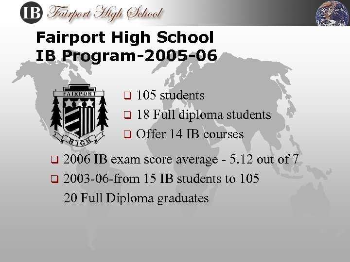 Fairport High School IB Program-2005 -06 105 students q 18 Full diploma students q