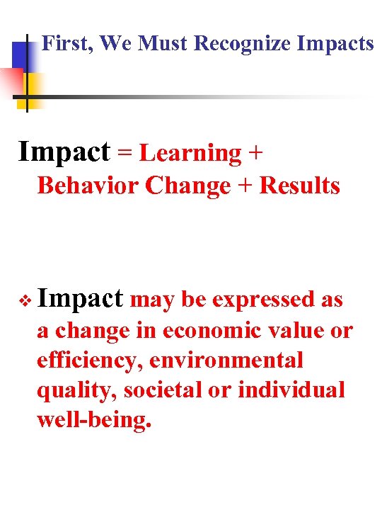 First, We Must Recognize Impacts Impact = Learning + Behavior Change + Results Impact