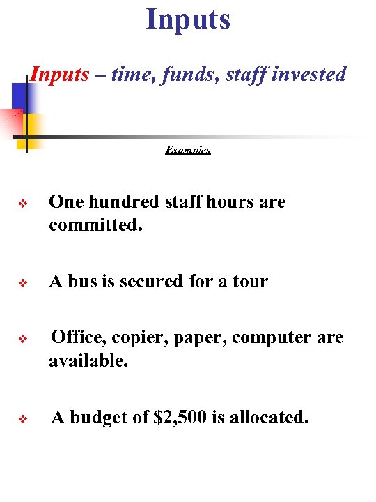 Inputs – time, funds, staff invested Examples One hundred staff hours are committed. A