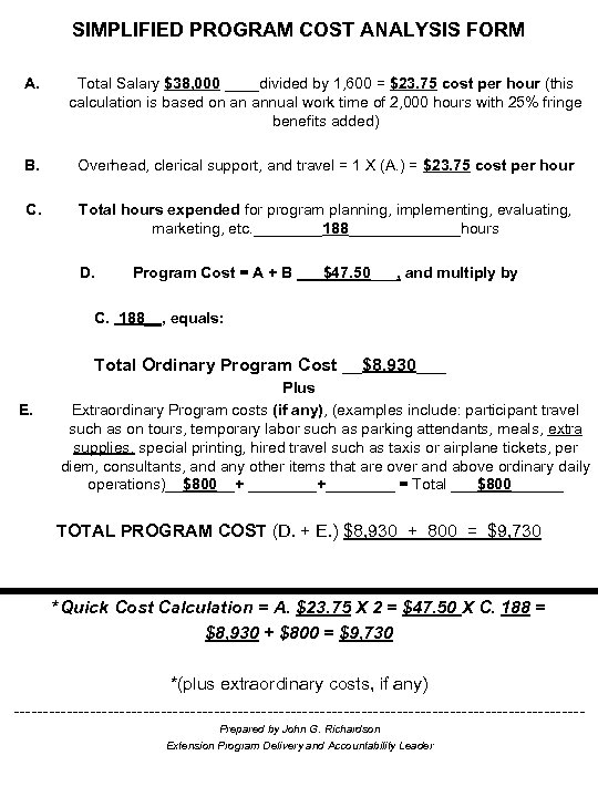SIMPLIFIED PROGRAM COST ANALYSIS FORM A. Total Salary $38, 000 ____divided by 1, 600