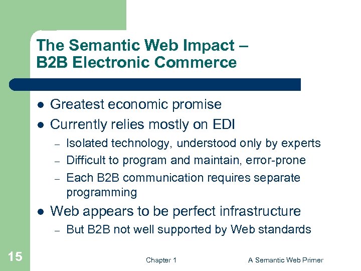 The Semantic Web Impact – B 2 B Electronic Commerce l l Greatest economic
