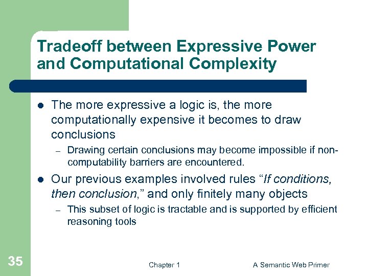 Tradeoff between Expressive Power and Computational Complexity l The more expressive a logic is,