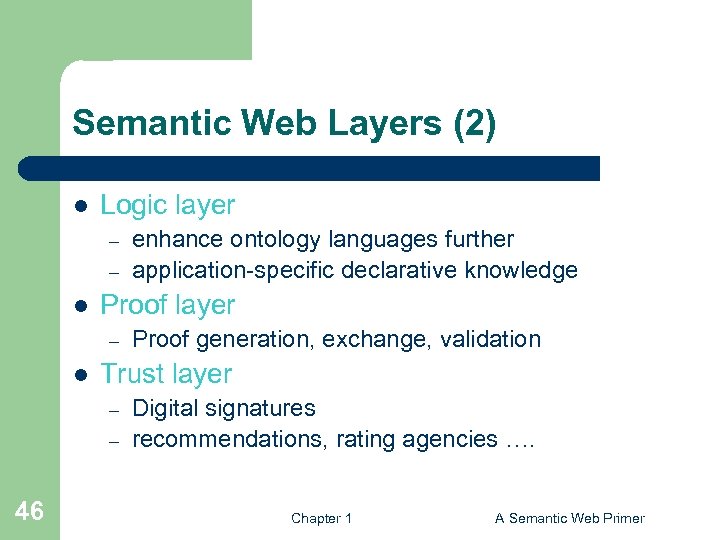 Semantic Web Layers (2) l Logic layer – – l Proof layer – l