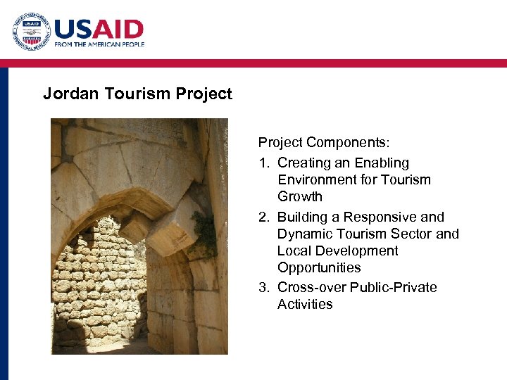 Jordan Tourism Project Components: 1. Creating an Enabling Environment for Tourism Growth 2. Building