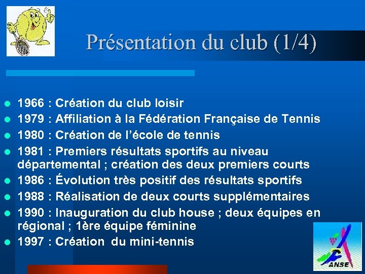 Présentation du club (1/4) l l l l 1966 : Création du club loisir