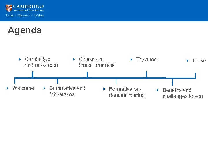 Agenda Presentation title over 2 lines 4 Cambridge and on-screen 4 Welcome 4 Classroom