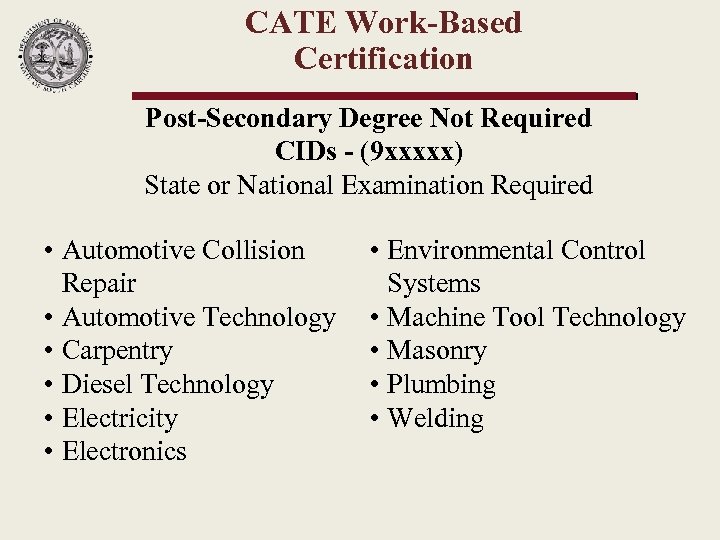 CATE Work-Based Certification Post-Secondary Degree Not Required CIDs - (9 xxxxx) State or National