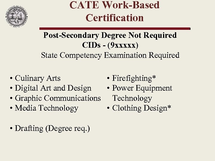 CATE Work-Based Certification Post-Secondary Degree Not Required CIDs - (9 xxxxx) State Competency Examination