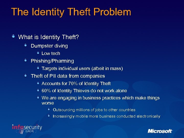 The Identity Theft Problem What is Identity Theft? Dumpster diving Low tech Phishing/Pharming Targets