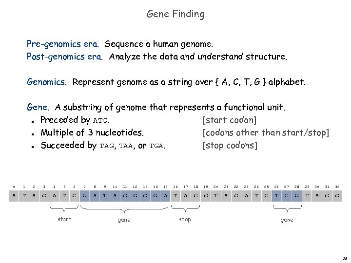 Gene Finding Pre-genomics era. Sequence a human genome. Post-genomics era. Analyze the data and