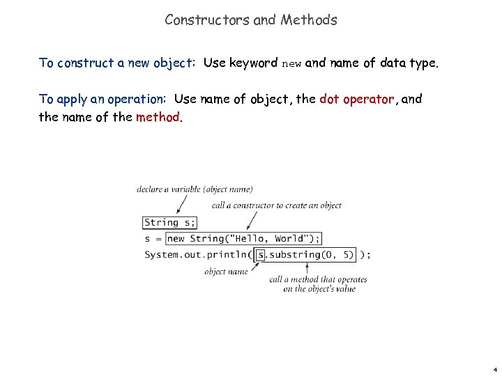 Constructors and Methods To construct a new object: Use keyword new and name of