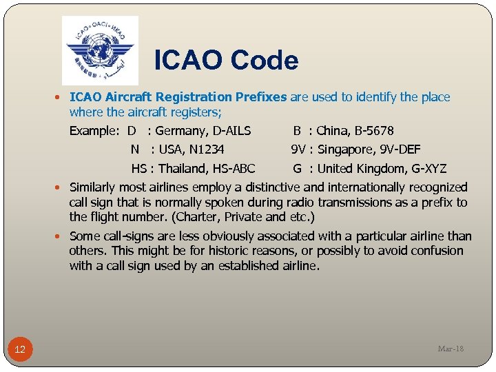 ICAO Code ICAO Aircraft Registration Prefixes are used to identify the place where the