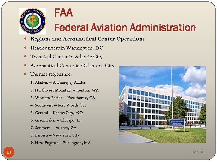 FAA Federal Aviation Administration Regions and Aeronautical Center Operations Headquarters in Washington, DC Technical