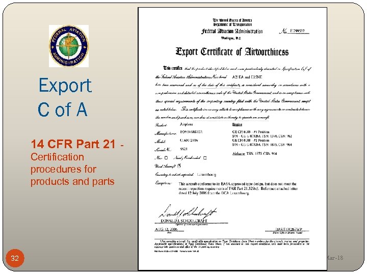 Export C of A 14 CFR Part 21 Certification procedures for products and parts