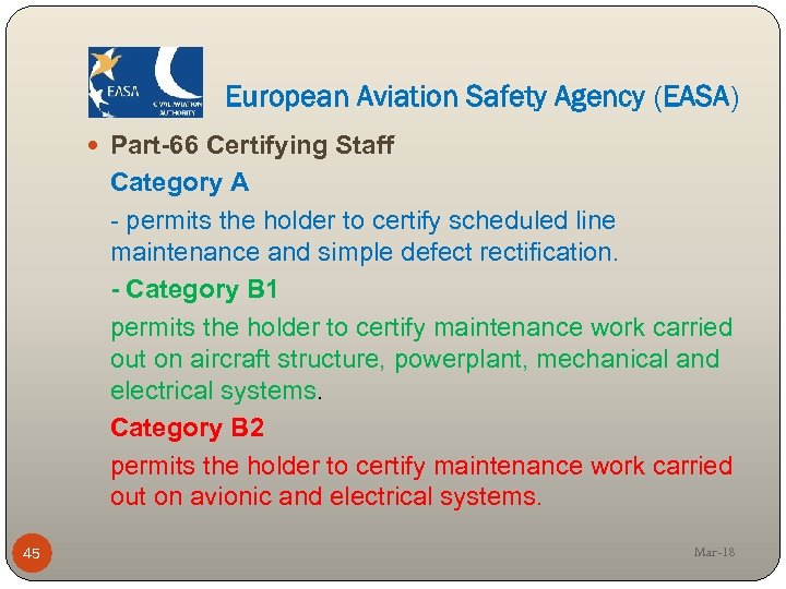 European Aviation Safety Agency (EASA) Part-66 Certifying Staff Category A - permits the holder