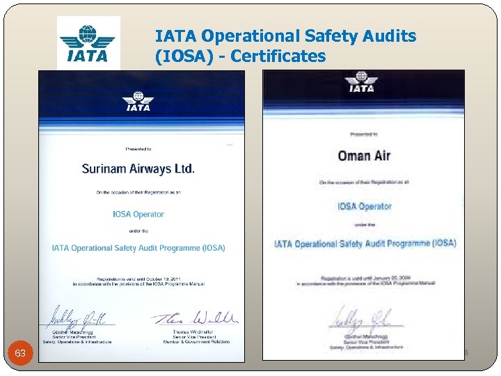 IATA Operational Safety Audits (IOSA) - Certificates 63 Mar-18 