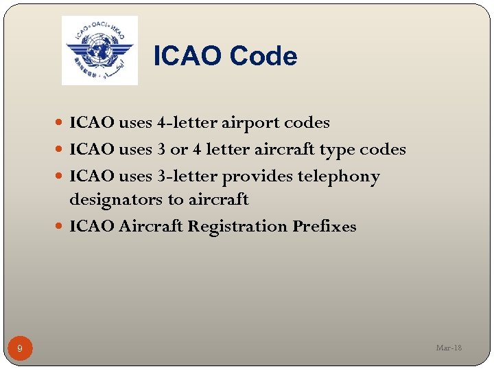 ICAO Code ICAO uses 4 -letter airport codes ICAO uses 3 or 4 letter