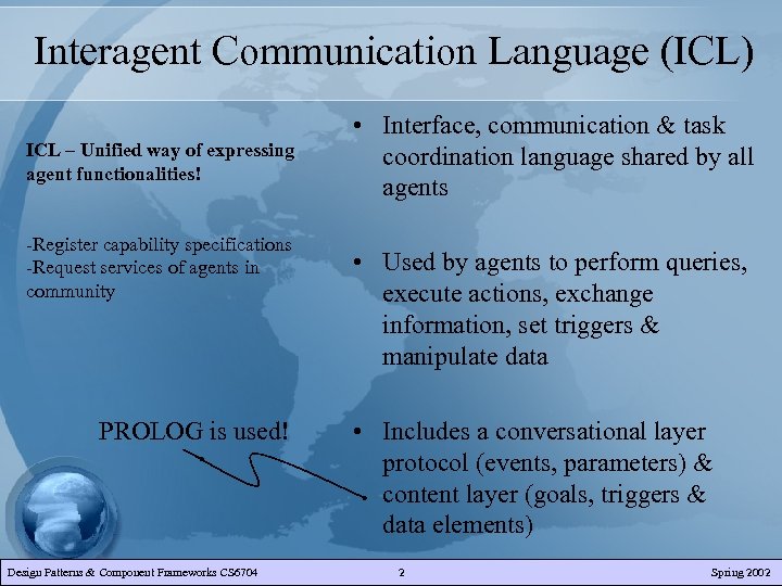 Interagent Communication Language (ICL) ICL – Unified way of expressing agent functionalities! -Register capability