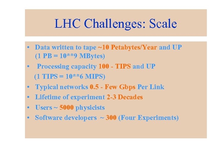 LHC Challenges: Scale • Data written to tape ~10 Petabytes/Year and UP (1 PB
