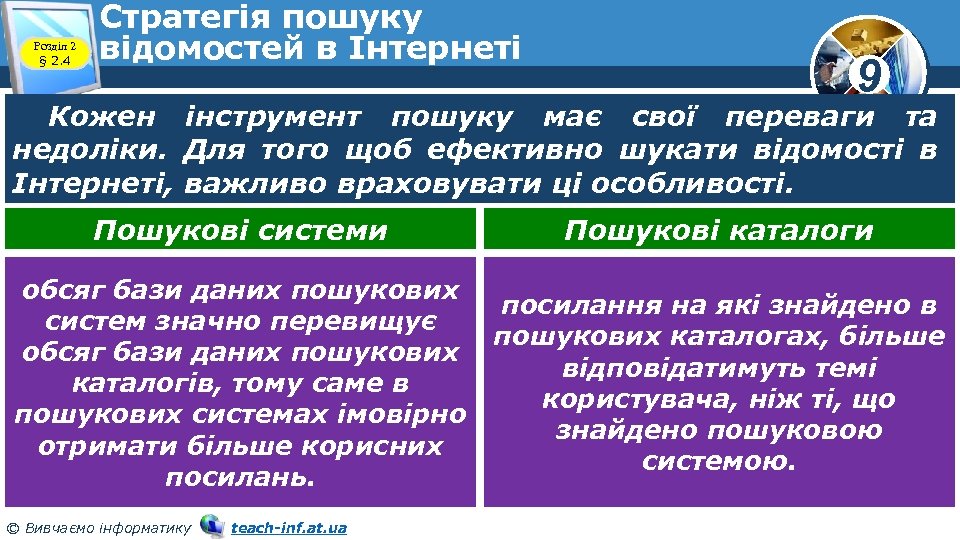 Розділ 2 § 2. 4 Стратегія пошуку відомостей в Інтернеті 9 Кожен інструмент пошуку