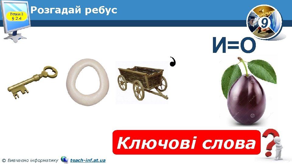 Розділ 2 § 2. 4 Розгадай ребус 9 И=О Ключові слова © Вивчаємо інформатику